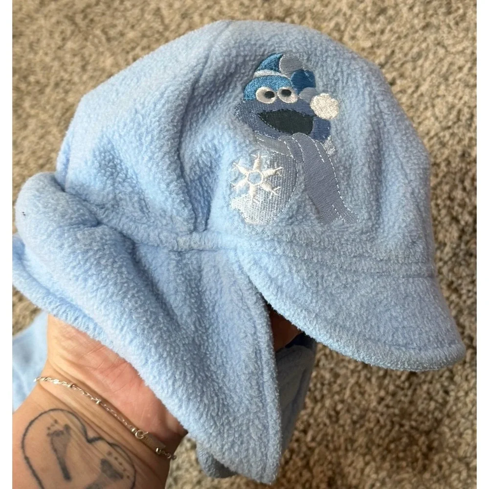 Vintage Sesame Street Cookie Monster Infant Fleece Hat Mittens Set Blue One Size